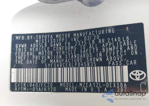 2020 Toyota Corolla Se from USA, damaged, VIN 5YFS4RCE6LP045835